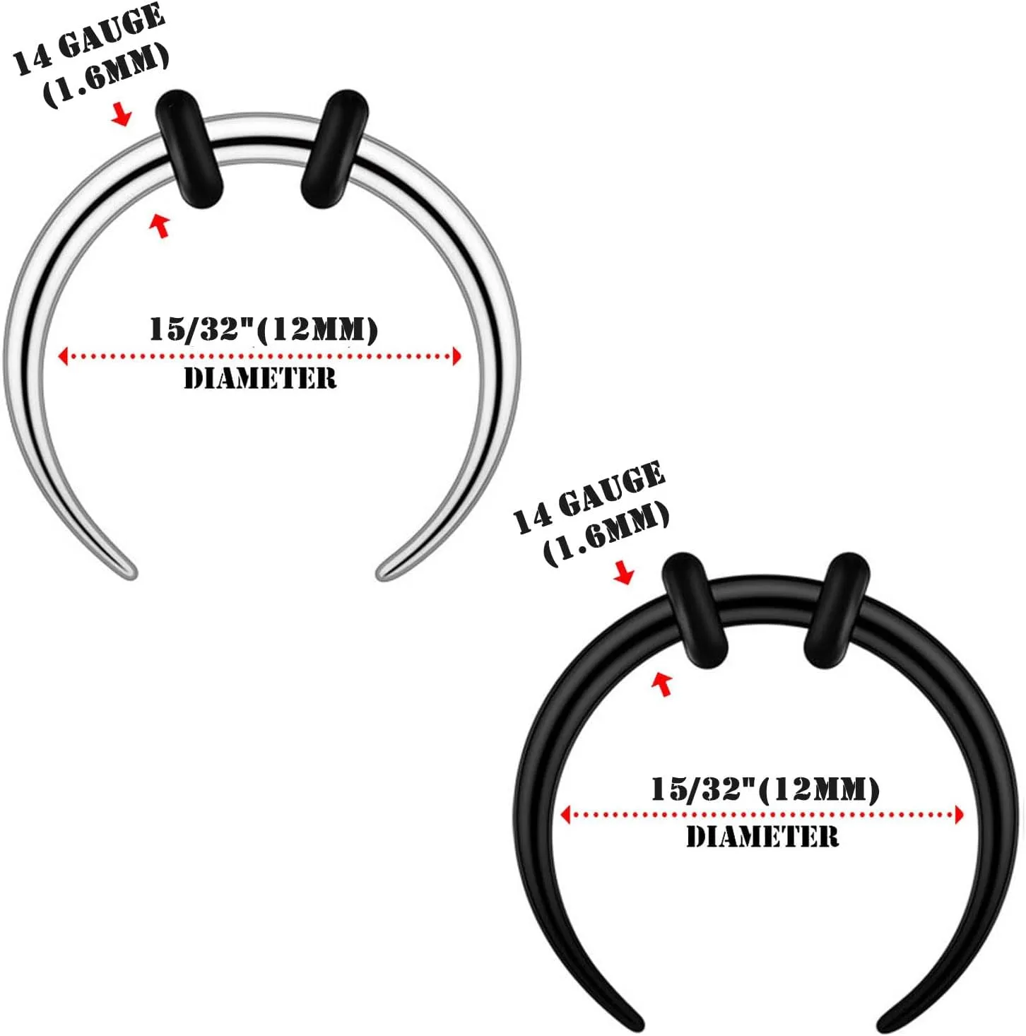 Qmcandy 8pcs 10G 12G 14G 16G 18G Stainless Steel Black Silver Pinchers Septum Piercing Horseshoes Nose Rings Buffalo Taper with Black O-Rings
