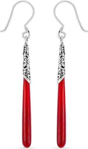Red Coral Dangle Earrings for Women in 925 Sterling Silver - Drop Unique Earrings Handmade Birthstone Vintage Boho Western Jewelry Birthday Gifts