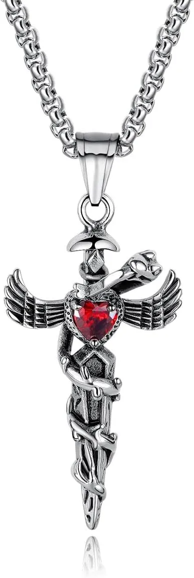 Red Stone Wing Cross Pendant, Wing Cross Sword Necklace for Men, Wing Sword Snake Necklace Hip Hop Angel Wings Cross Jewelry, Red Crystal Wing Cross Pendant Necklace for mens