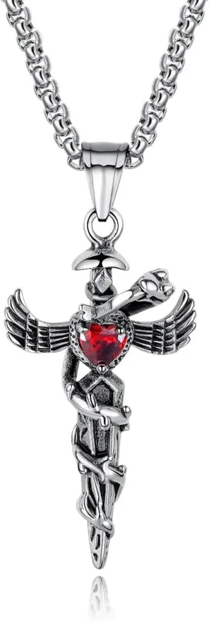Red Stone Wing Cross Pendant, Wing Cross Sword Necklace for Men, Wing Sword Snake Necklace Hip Hop Angel Wings Cross Jewelry, Red Crystal Wing Cross Pendant Necklace for mens