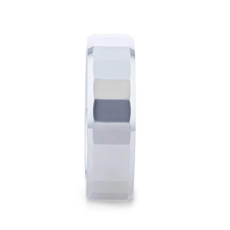 REFLECTOR Faceted Polished Center Tungsten Men's Wedding Band With Polished Beveled Edges - 8mm