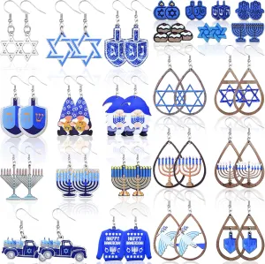 Remuuly 24 Pairs Hanukkah Dangle Earrings for Women Menorah Dreidel Hanukkah Gnome Earrings Acrylic Wooden Drop Jewelry for Women Chanukah Holiday Party Favors