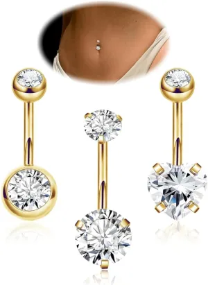 REVOLIA 3Pcs 14G F136 Titanium Belly Button Rings for Women Hypoallergenic Cubic Zirconia Navel Rings Heart Belly Rings Sliver Pretty Belly Piercing Barbells 6-16mm