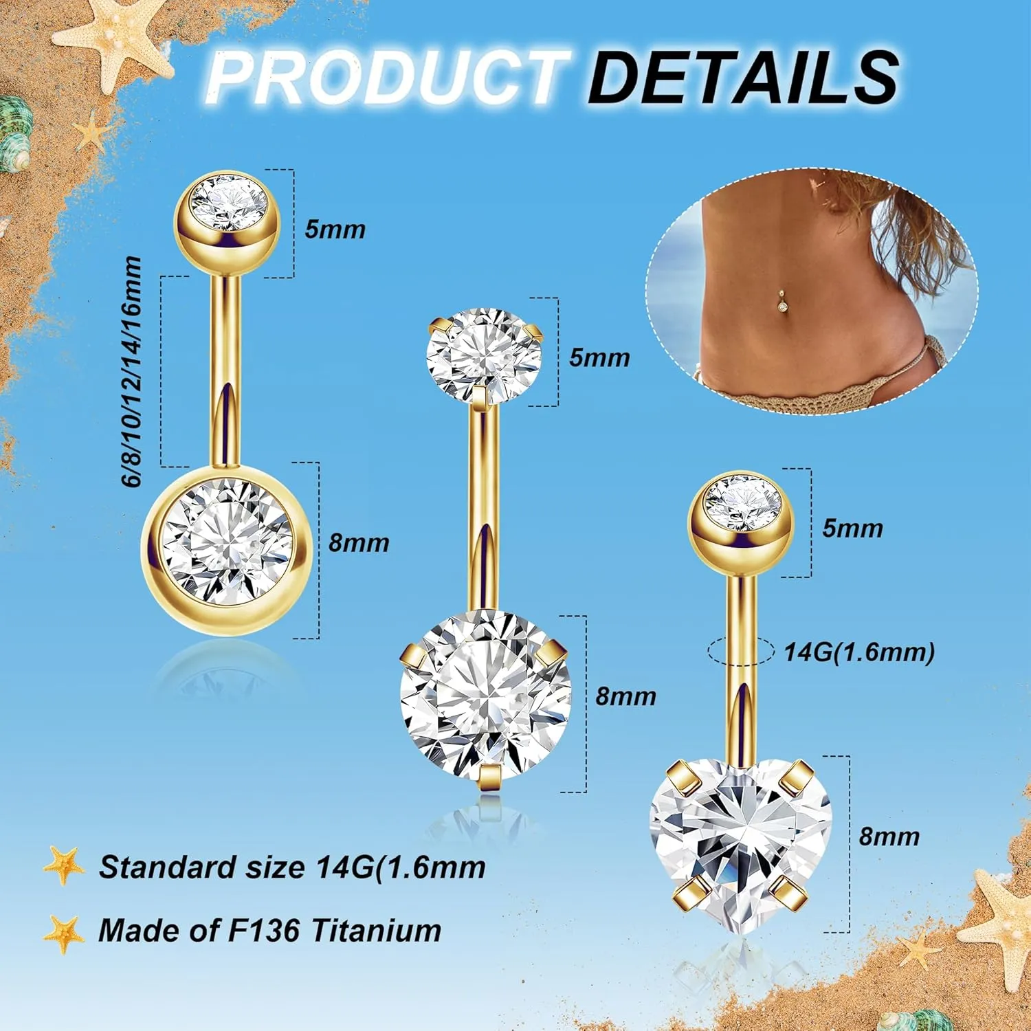 REVOLIA 3Pcs 14G F136 Titanium Belly Button Rings for Women Hypoallergenic Cubic Zirconia Navel Rings Heart Belly Rings Sliver Pretty Belly Piercing Barbells 6-16mm