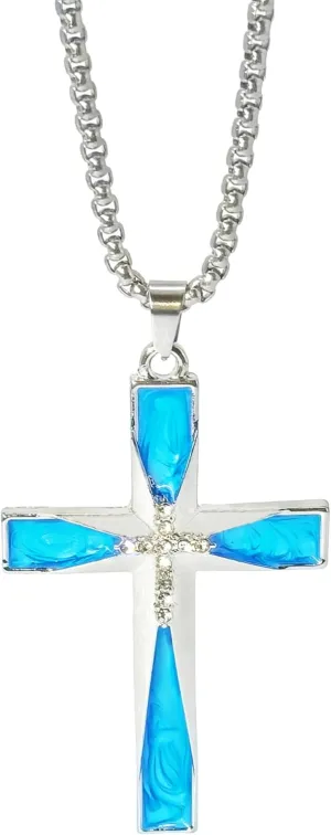 Rhinestone blue enamel cross pendant necklace,Big Religious Jewelry,Silver crucifix necklace for women and men