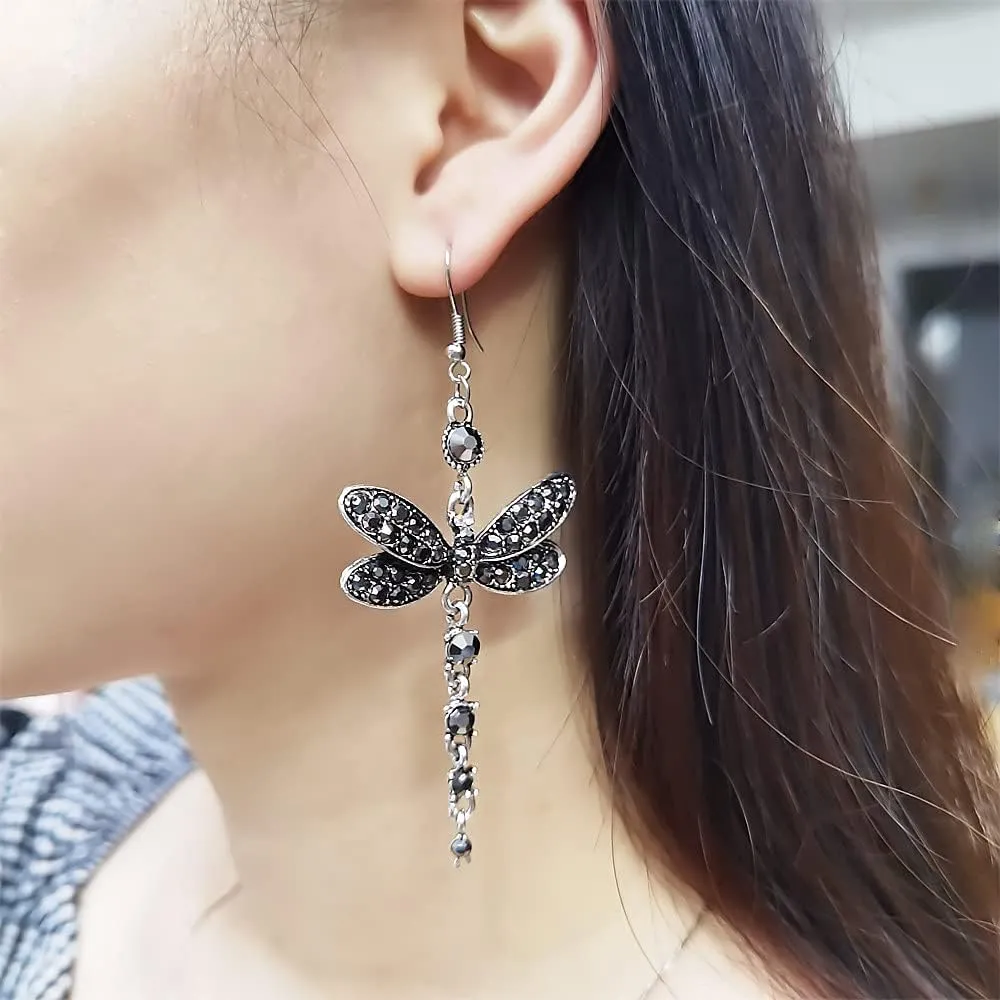 Rhinestone Dragonfly Dangle Earrings for Women Girls Hypoallergenic Cubic Zirconia Crystal Drop Animal Insect Statement Hook Stud Earrings Delicate Elegant Wedding Birthday Christmas Jewelry