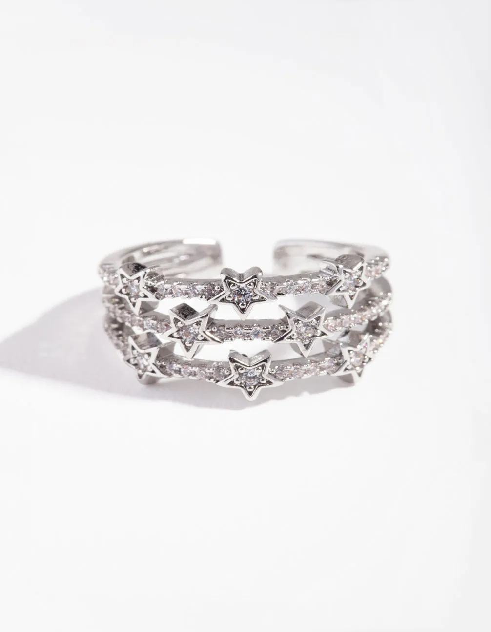 Rhodium Cubic Zirconia Triple Star Band Ring