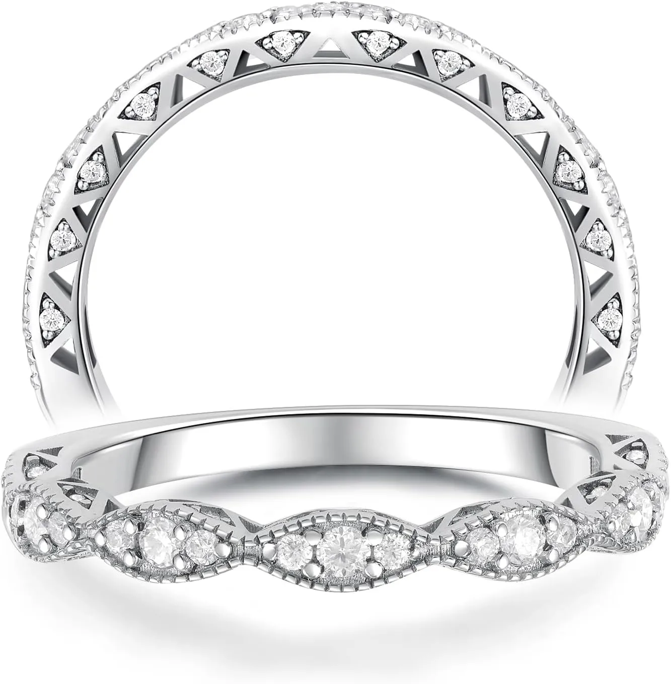 RINEY&KY Moissanite Rings for Women VVS Sterling Silver Stackable Wedding Bands Non Tarnish White Gold Plated Hypoallergenic Certified Lab Diamond Eternity Band Size 5-10US