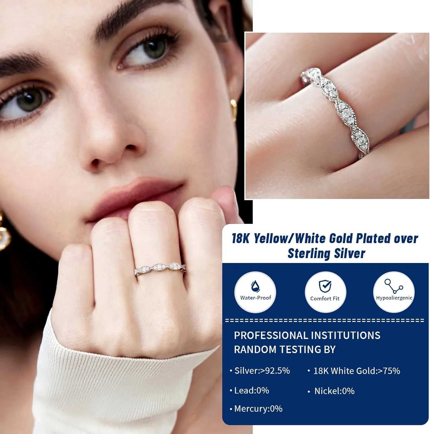 RINEY&KY Moissanite Rings for Women VVS Sterling Silver Stackable Wedding Bands Non Tarnish White Gold Plated Hypoallergenic Certified Lab Diamond Eternity Band Size 5-10US