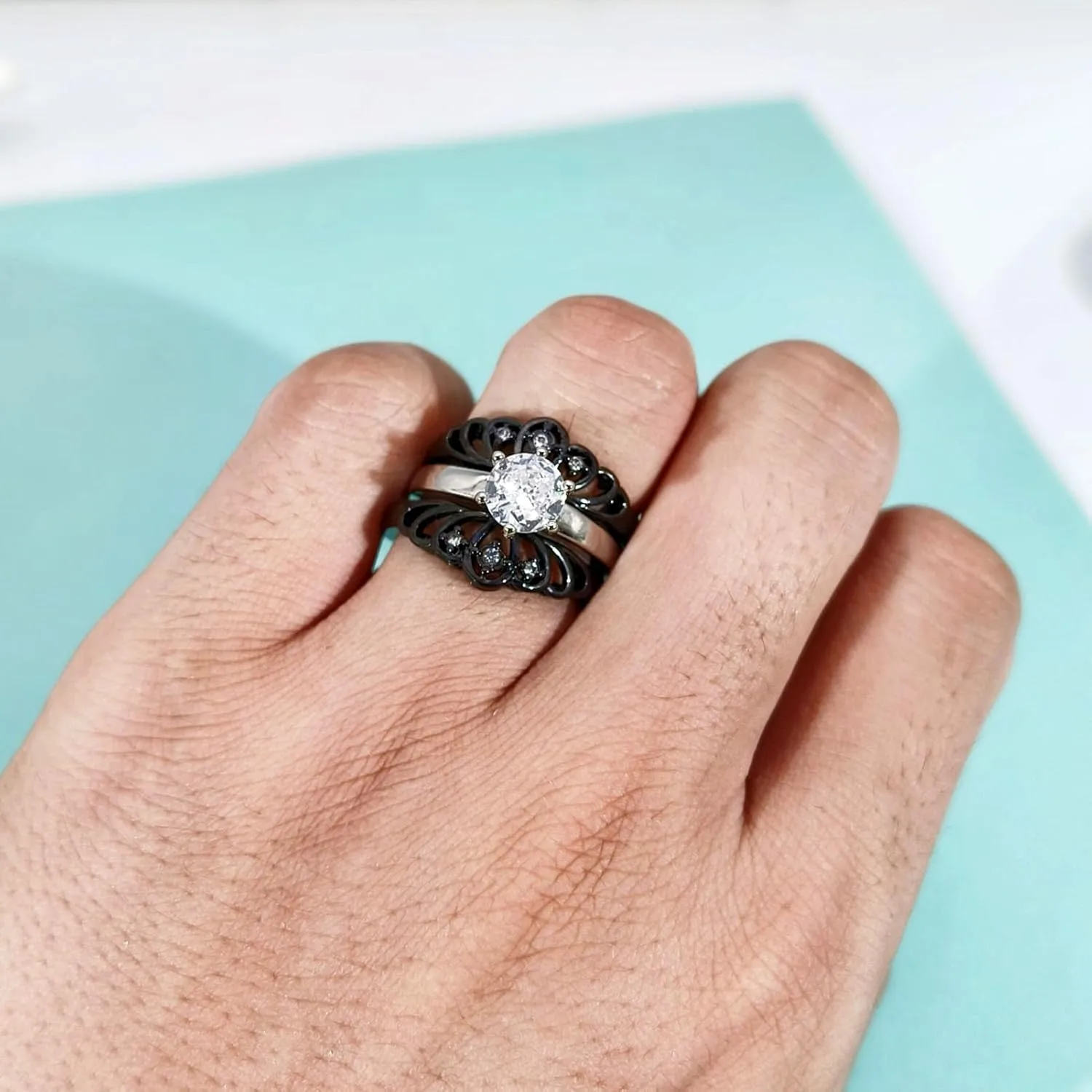ringheart Couple Rings Black Matching Rings Crown Ring Women Wedding Ring Sets for Him and Her