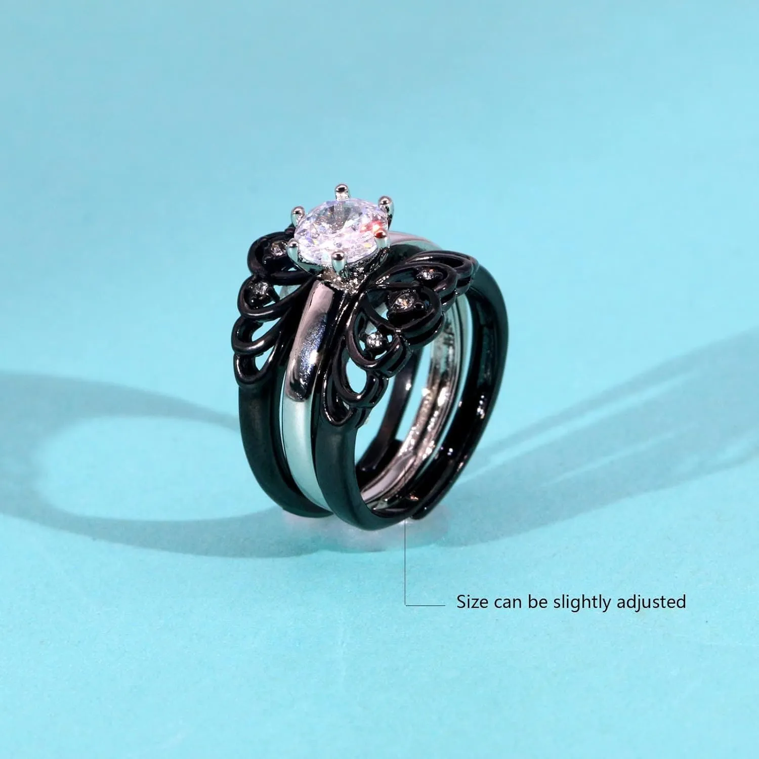 ringheart Couple Rings Black Matching Rings Crown Ring Women Wedding Ring Sets for Him and Her