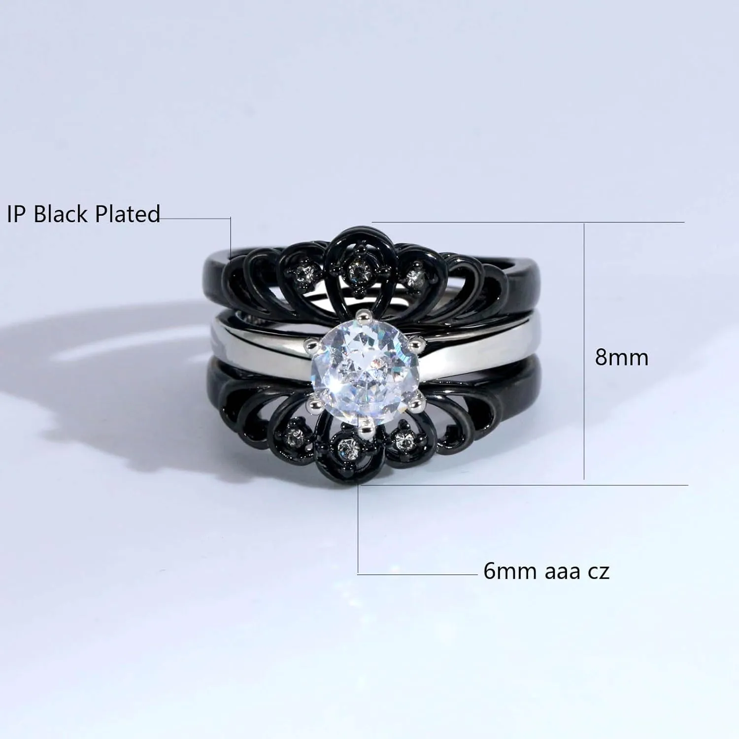 ringheart Couple Rings Black Matching Rings Crown Ring Women Wedding Ring Sets for Him and Her