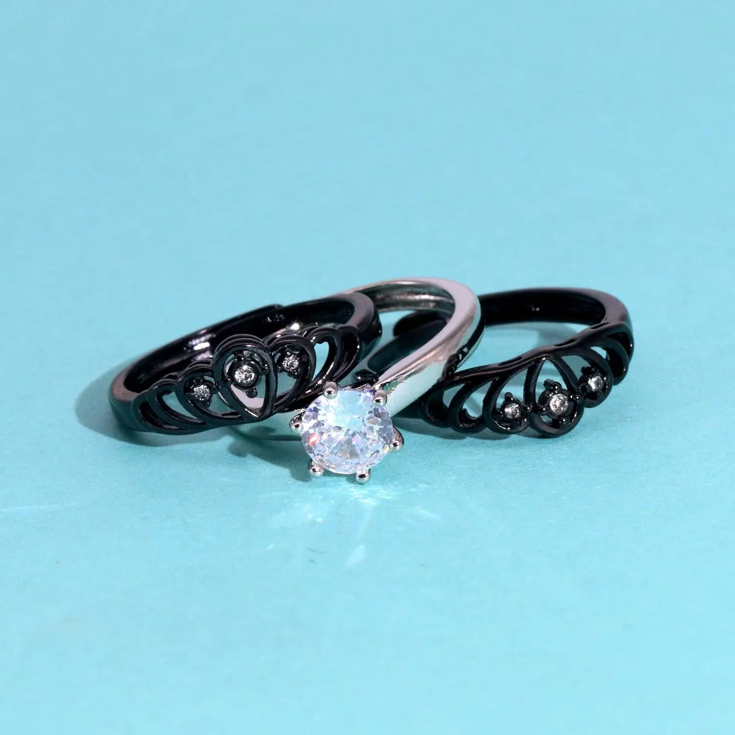 ringheart Couple Rings Black Matching Rings Crown Ring Women Wedding Ring Sets for Him and Her