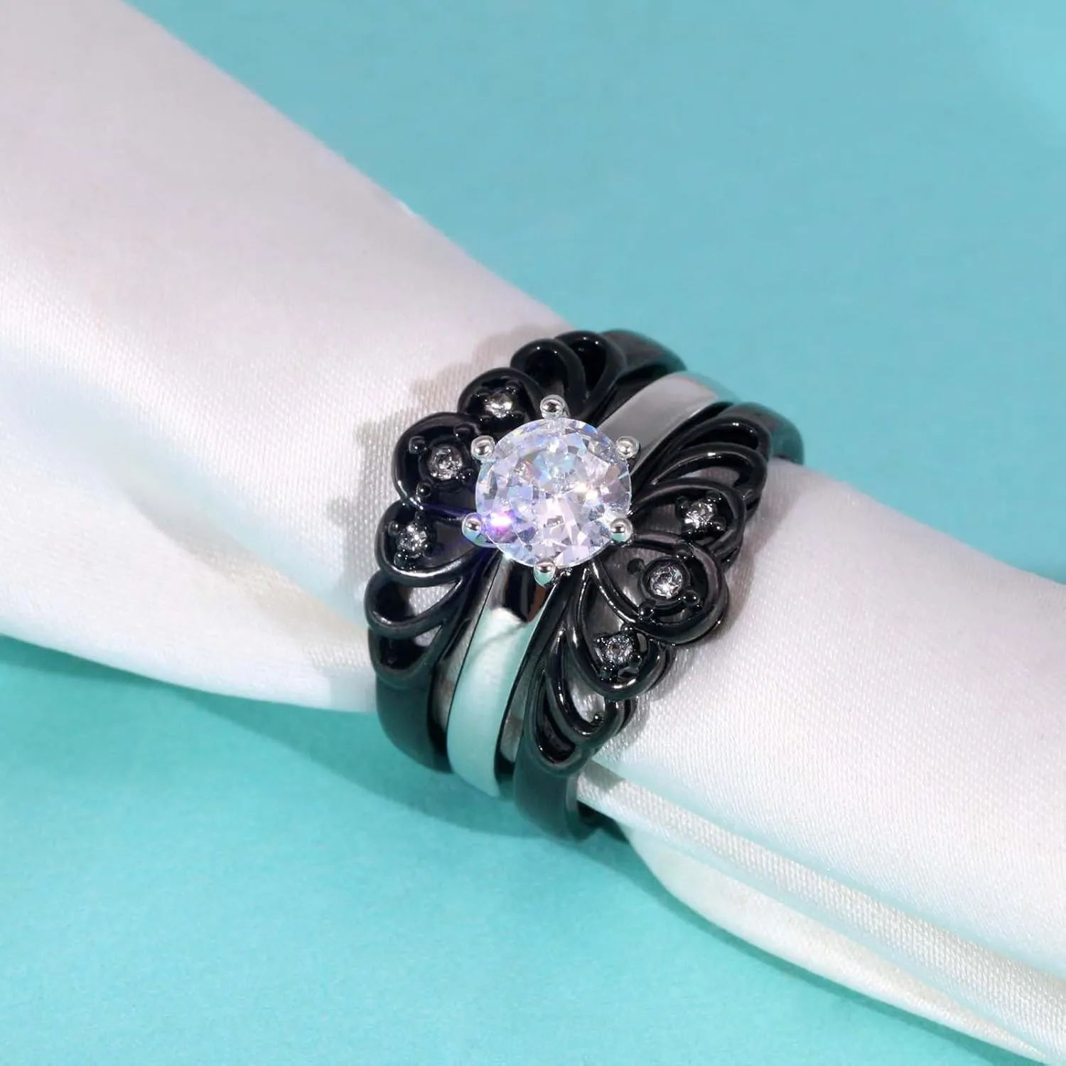 ringheart Couple Rings Black Matching Rings Crown Ring Women Wedding Ring Sets for Him and Her