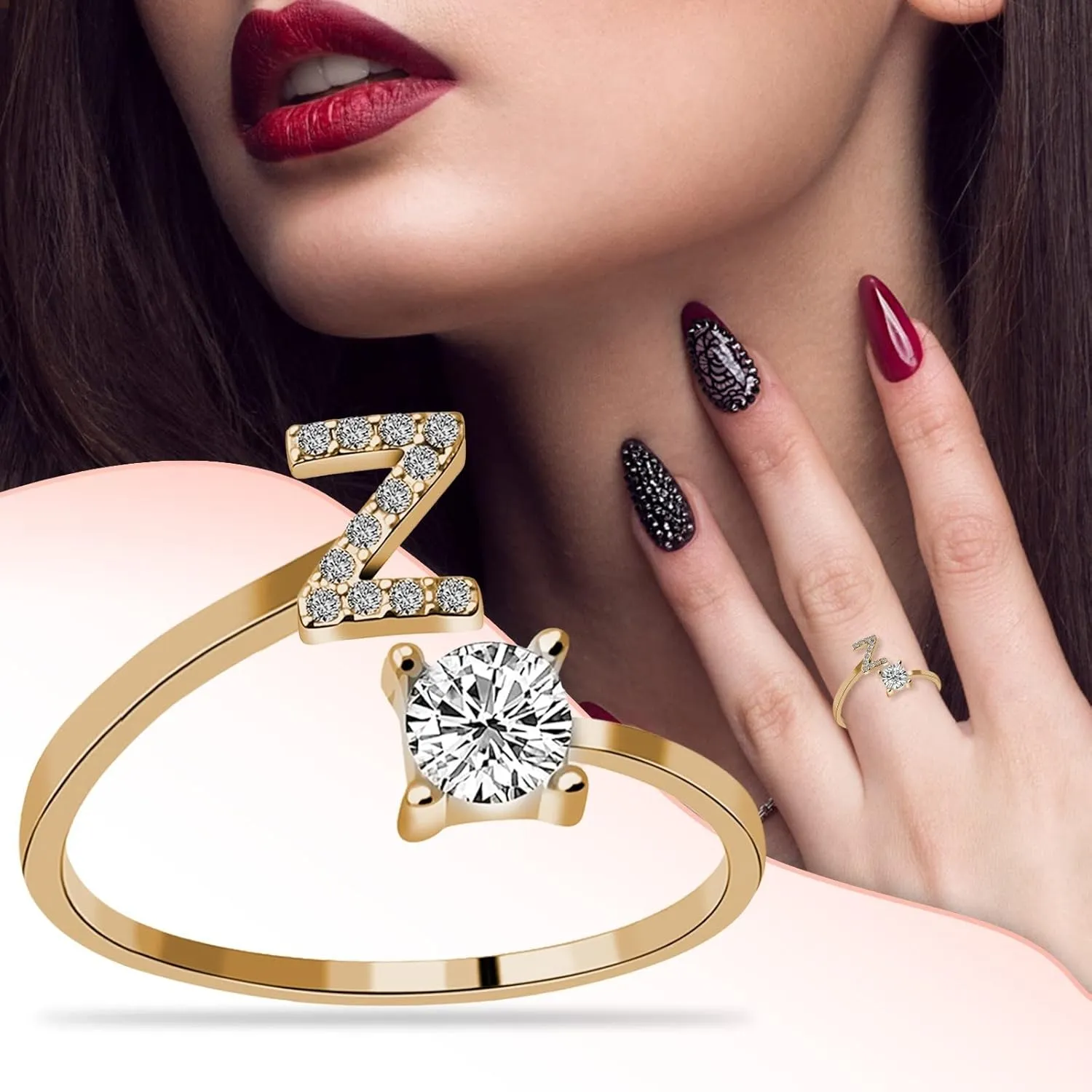 Rings 100 Women's 26 Letter Ring Diamond Rhinestone Set Zirconia Open Adjustable Rings Jewelry Accessories Gifts Elegant Diamond Rings for Women (Z, One Size)