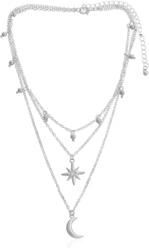 Roe Dolph Moon Star Necklace Layered Choker Necklace Gold Silver Small Beads Necklace Adjustable Chain Pendant Necklace Boho Necklace