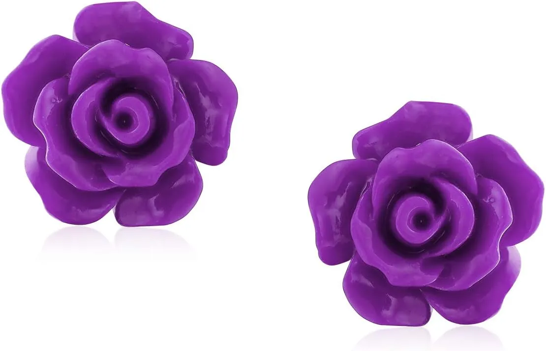 Romantic Delicate Pink Blue Yellow Green Black Purple White Red Floral Blooming 3D Carved 10MM Rose Flower Post Stud Earrings For Women Teen Lightweight