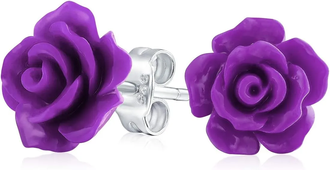 Romantic Delicate Pink Blue Yellow Green Black Purple White Red Floral Blooming 3D Carved 10MM Rose Flower Post Stud Earrings For Women Teen Lightweight