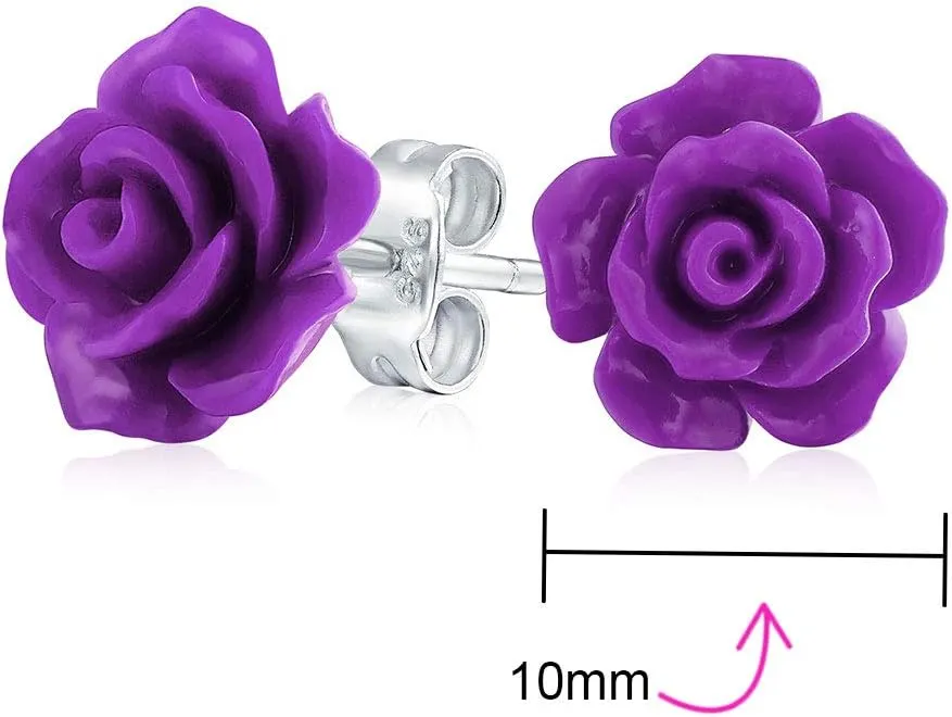 Romantic Delicate Pink Blue Yellow Green Black Purple White Red Floral Blooming 3D Carved 10MM Rose Flower Post Stud Earrings For Women Teen Lightweight