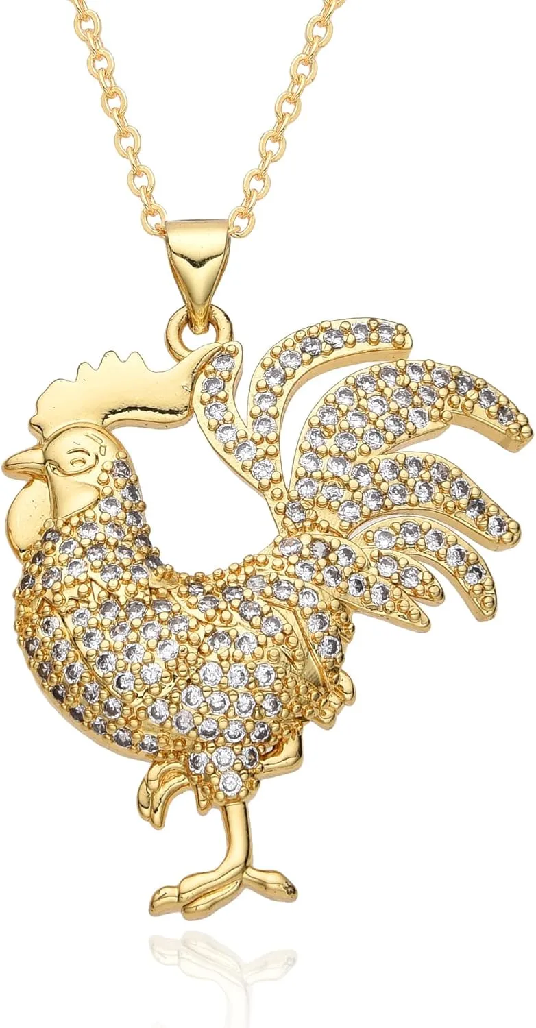 Rooster Statement Necklace for Women Men 14K Gold Plated Novelty Vintage CZ Animal Chicken Pendant Cock Chain Necklaces Hip Hop Rock Punk Norse Viking Totem Amulet Charm Jewelry Thanksgiving Gifts