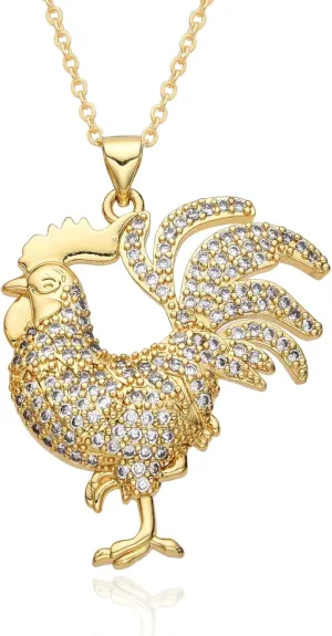 Rooster Statement Necklace for Women Men 14K Gold Plated Novelty Vintage CZ Animal Chicken Pendant Cock Chain Necklaces Hip Hop Rock Punk Norse Viking Totem Amulet Charm Jewelry Thanksgiving Gifts