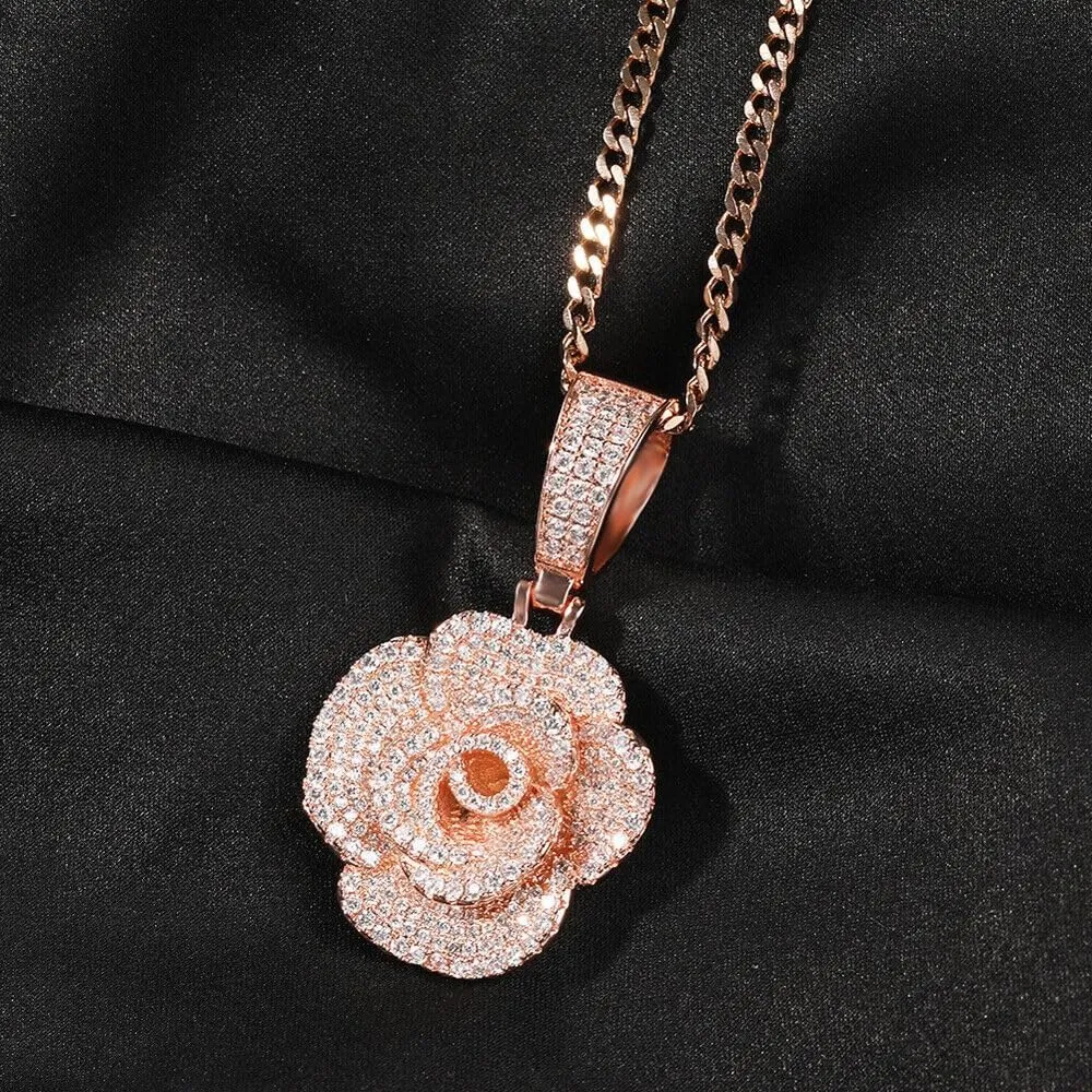 Rose Flower 6.45 ct Diamond Tester Pass Pendant Necklace Real Moissanite18K Gold Silver Rose Plated