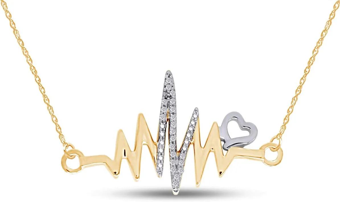 Round Cut White Natural Diamond Accent Heartbeat With Heart Two-Tone Pendant Necklace Jewelry For Women In 14k Gold Plated Sterling Silver Along With 18" Chain