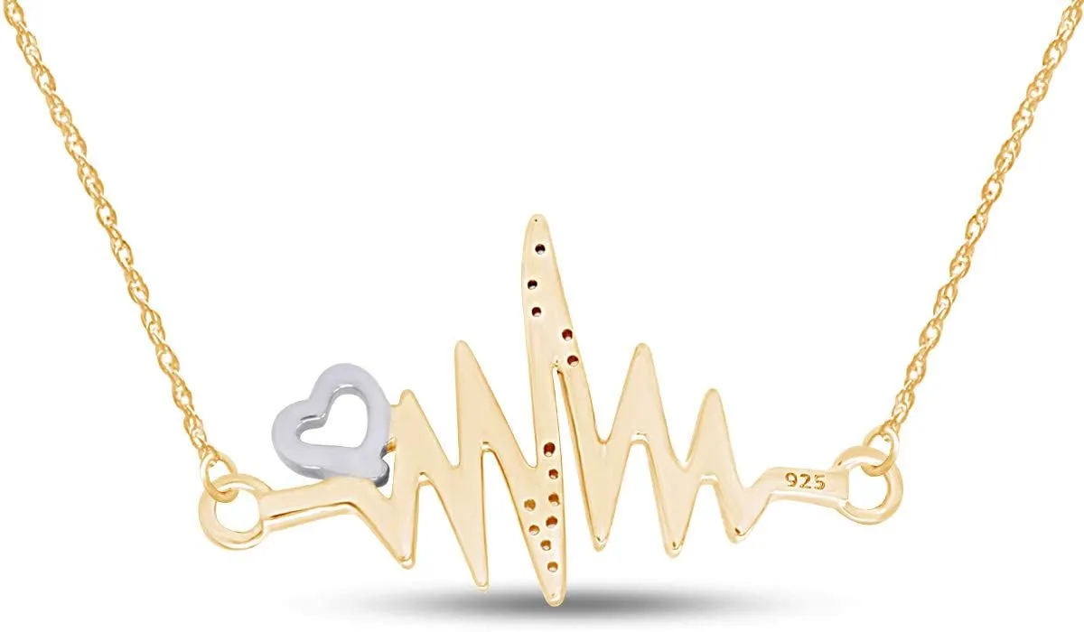 Round Cut White Natural Diamond Accent Heartbeat With Heart Two-Tone Pendant Necklace Jewelry For Women In 14k Gold Plated Sterling Silver Along With 18" Chain