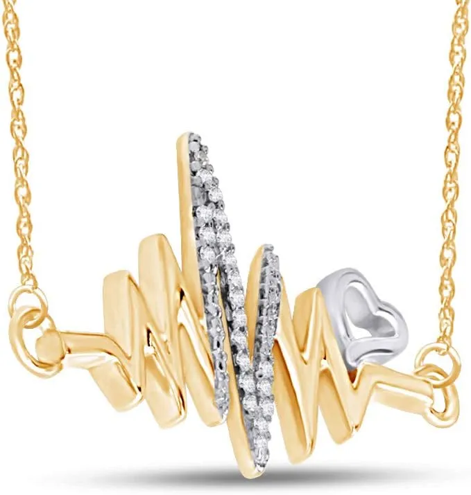 Round Cut White Natural Diamond Accent Heartbeat With Heart Two-Tone Pendant Necklace Jewelry For Women In 14k Gold Plated Sterling Silver Along With 18" Chain