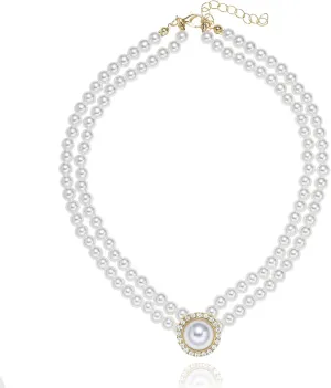 Round Pearl Pendant Necklace for Women, Delicate Layered Elegant, White Pearl on White Metal (Plated) Copper Chain, Adult Women's Wedding Jewelry Gift