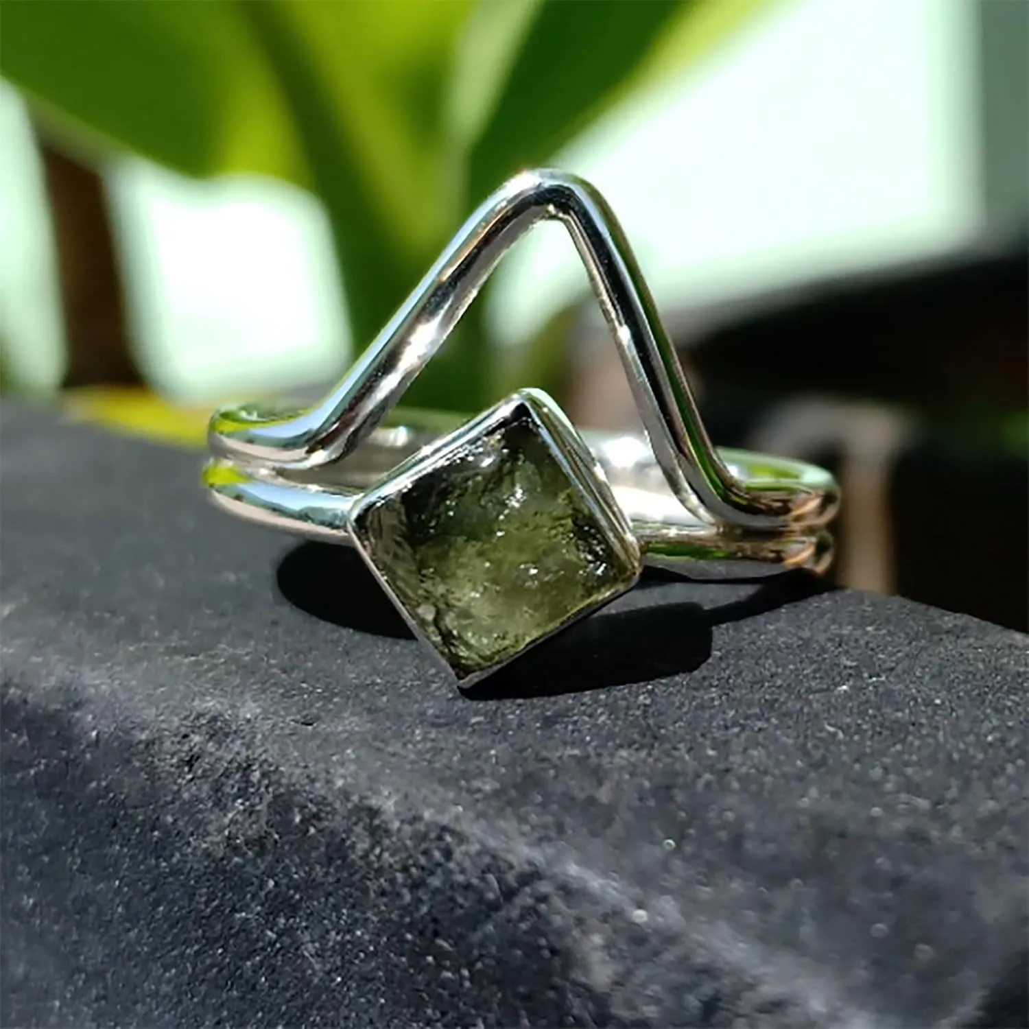 Row Natural Moldavite Ring, 925 Sterling Silver Ring, Unique Shape Silver Ring With Moldavite Stone, Handmade Ring, Silver Ring, Gift for her/him KOHI Ring STGM24 (11.5)