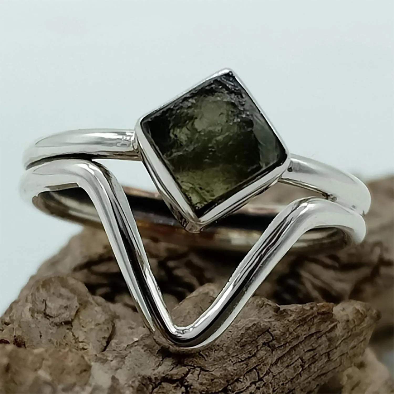 Row Natural Moldavite Ring, 925 Sterling Silver Ring, Unique Shape Silver Ring With Moldavite Stone, Handmade Ring, Silver Ring, Gift for her/him KOHI Ring STGM24 (11.5)