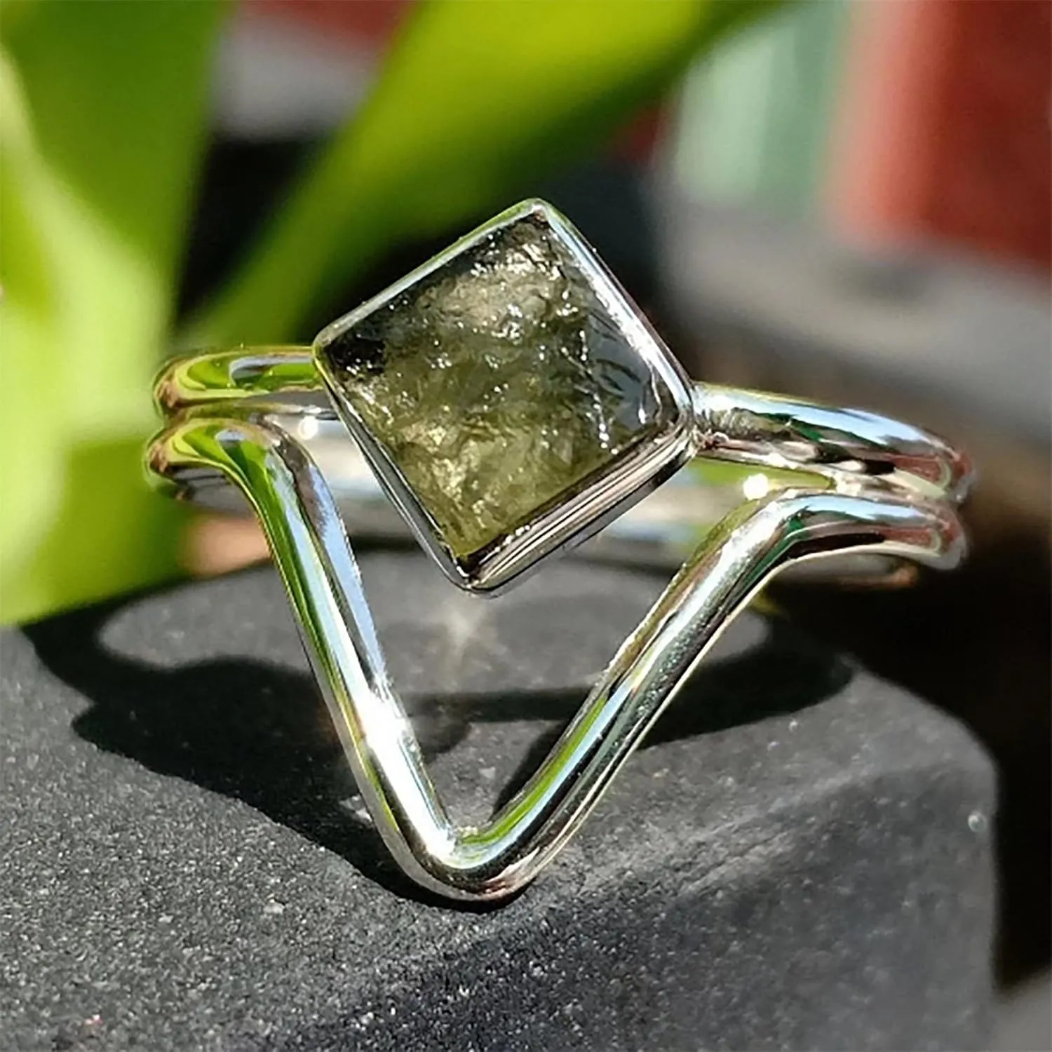 Row Natural Moldavite Ring, 925 Sterling Silver Ring, Unique Shape Silver Ring With Moldavite Stone, Handmade Ring, Silver Ring, Gift for her/him KOHI Ring STGM24 (11.5)