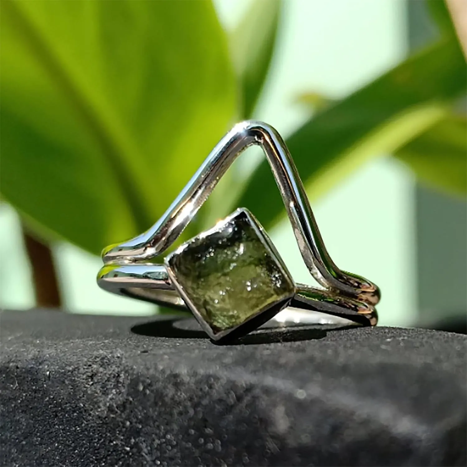 Row Natural Moldavite Ring, 925 Sterling Silver Ring, Unique Shape Silver Ring With Moldavite Stone, Handmade Ring, Silver Ring, Gift for her/him KOHI Ring STGM24 (11.5)