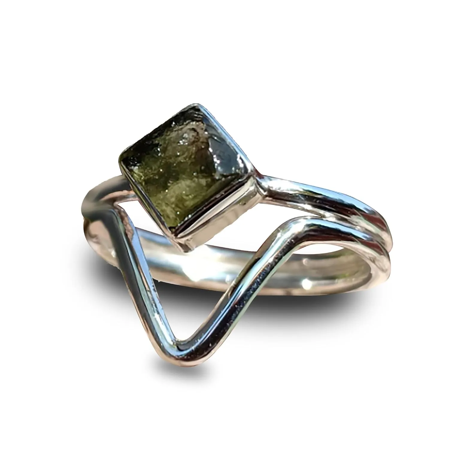 Row Natural Moldavite Ring, 925 Sterling Silver Ring, Unique Shape Silver Ring With Moldavite Stone, Handmade Ring, Silver Ring, Gift for her/him KOHI Ring STGM24 (11.5)