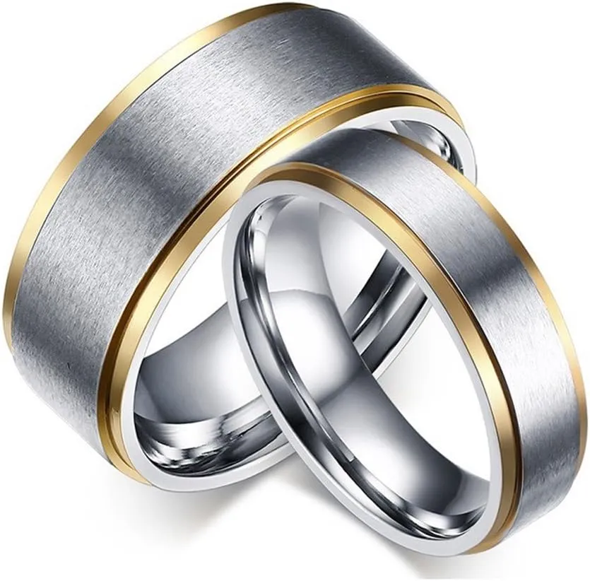 ROWAG 8MM Men Gold Plated Titanium Stainless Steel Couple Wedding Rings for Him and Her Pink 6MM Women Promise Engagement Bands