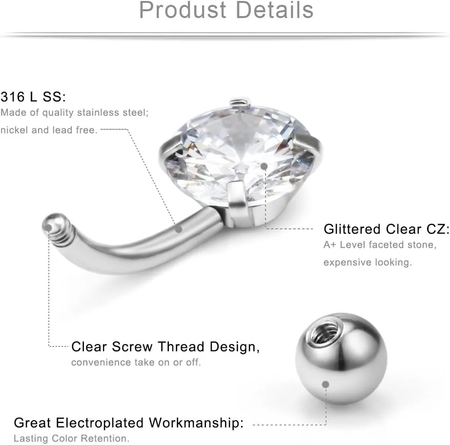 Ruifan 14G 316L Surgical Steel Four Prong-Set Clear CZ with Shiny Ball Top Belly Earring Navel Button Rings Short Bar 6mm 8mm 10mm 3PCS