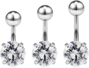 Ruifan 14G 316L Surgical Steel Four Prong-Set Clear CZ with Shiny Ball Top Belly Earring Navel Button Rings Short Bar 6mm 8mm 10mm 3PCS