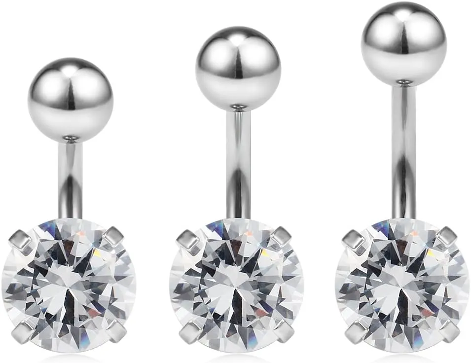 Ruifan 14G 316L Surgical Steel Four Prong-Set Clear CZ with Shiny Ball Top Belly Earring Navel Button Rings Short Bar 6mm 8mm 10mm 3PCS