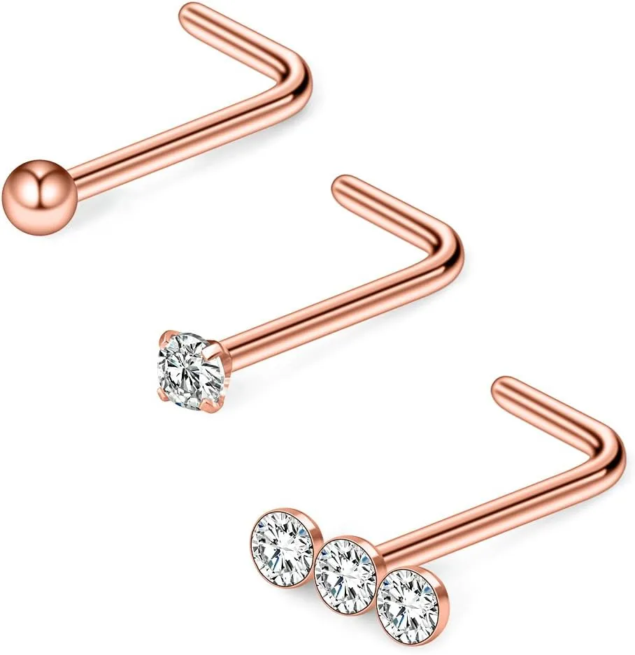 Ruifan 20G Surgical Steel Triple Linear Gem Ball Round Diamond CZ Nose Stud Rings L Shaped Piercing Jewelry 3PCS