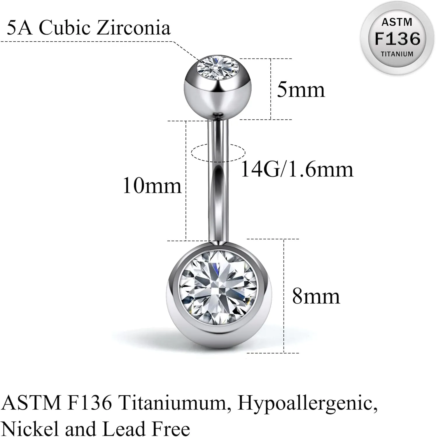 Ruifan ASTM F136 Titanium Belly Button Rings 14G Shiny Clear CZ Belly Navel Rings 6mm 10mm Body Piercing Jewelry Navel Ring For Women