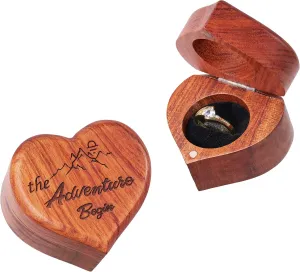 Rustic Engagement Ring Box - Handmade Wooden Heart Box Engraved with Proposal - The Adventure Begins