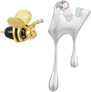 S925 Sterling Silver Earrings Bee and Dripping Honey Asymmetric Stud Earrings for Women, Creative Handmade Unique Jewelry Gifts