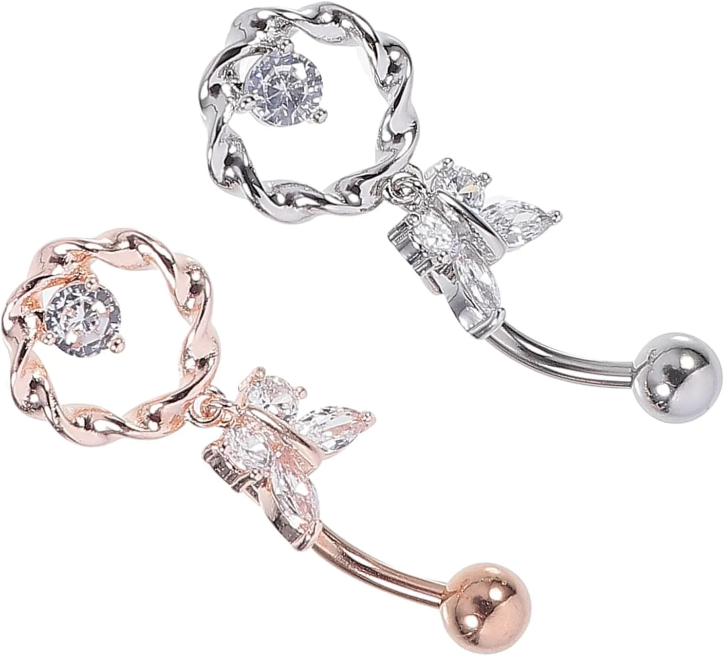 SAFIGLE 2pcs Butterfly Zircon Belly Button Rings for Women Piercing Decor Durable Non-fading Navel Jewelry for Beach and Summer Outfits