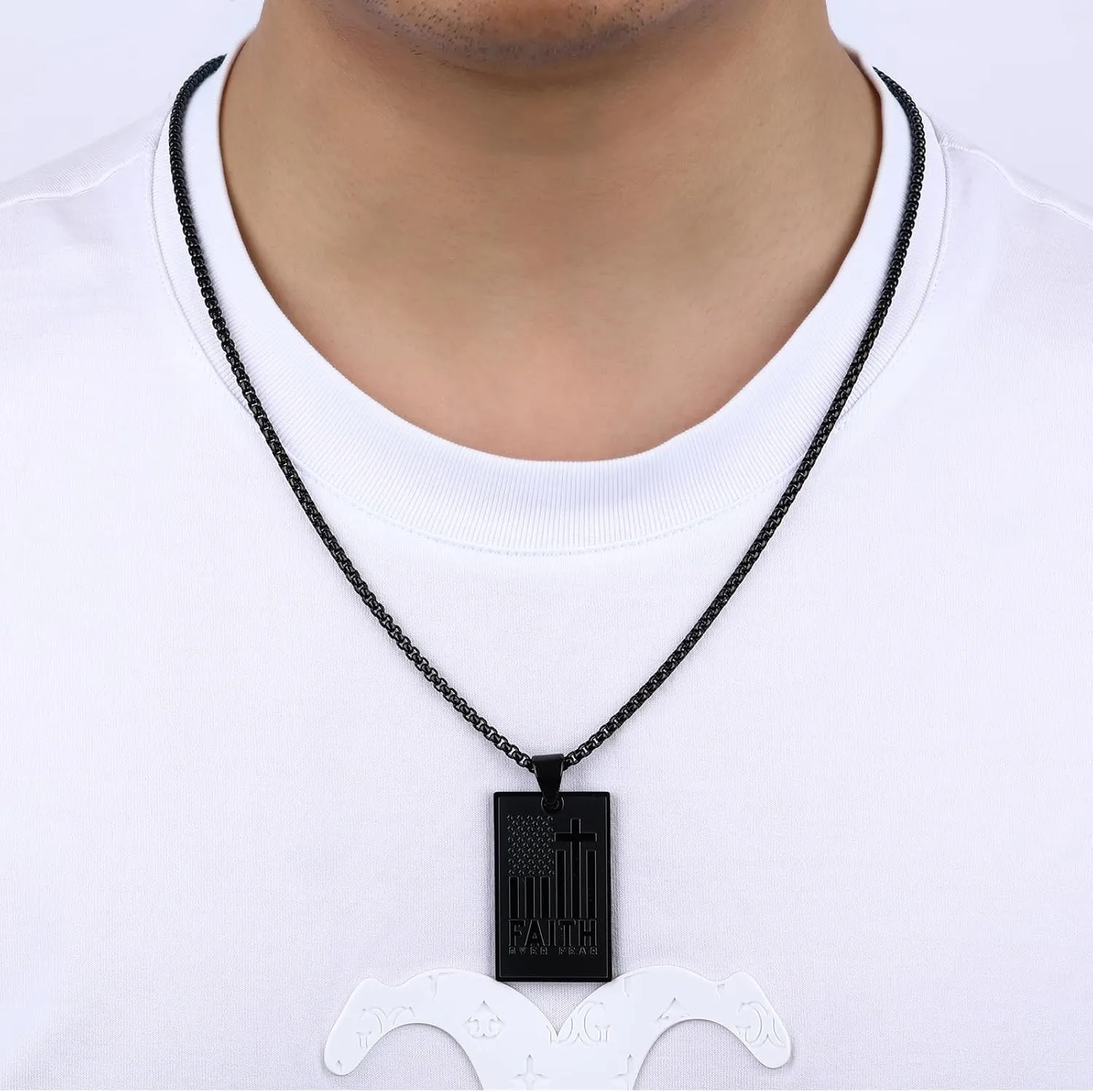 Saintda FAITH OVER FEAR Motto Tag Cross Necklace for Men USA Flag American Patriotic Stainless Steel Pendant Necklaces with 24inch Box Chain Bible Verse Christian Religious Jewelry Gift