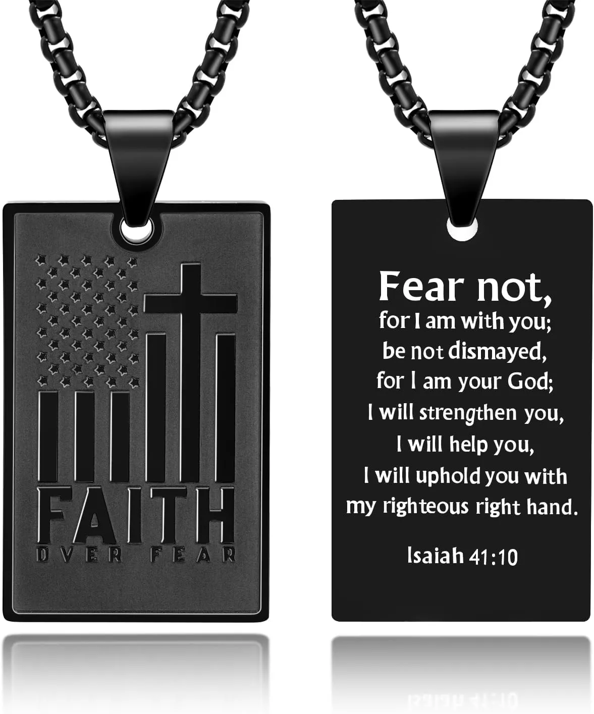 Saintda FAITH OVER FEAR Motto Tag Cross Necklace for Men USA Flag American Patriotic Stainless Steel Pendant Necklaces with 24inch Box Chain Bible Verse Christian Religious Jewelry Gift