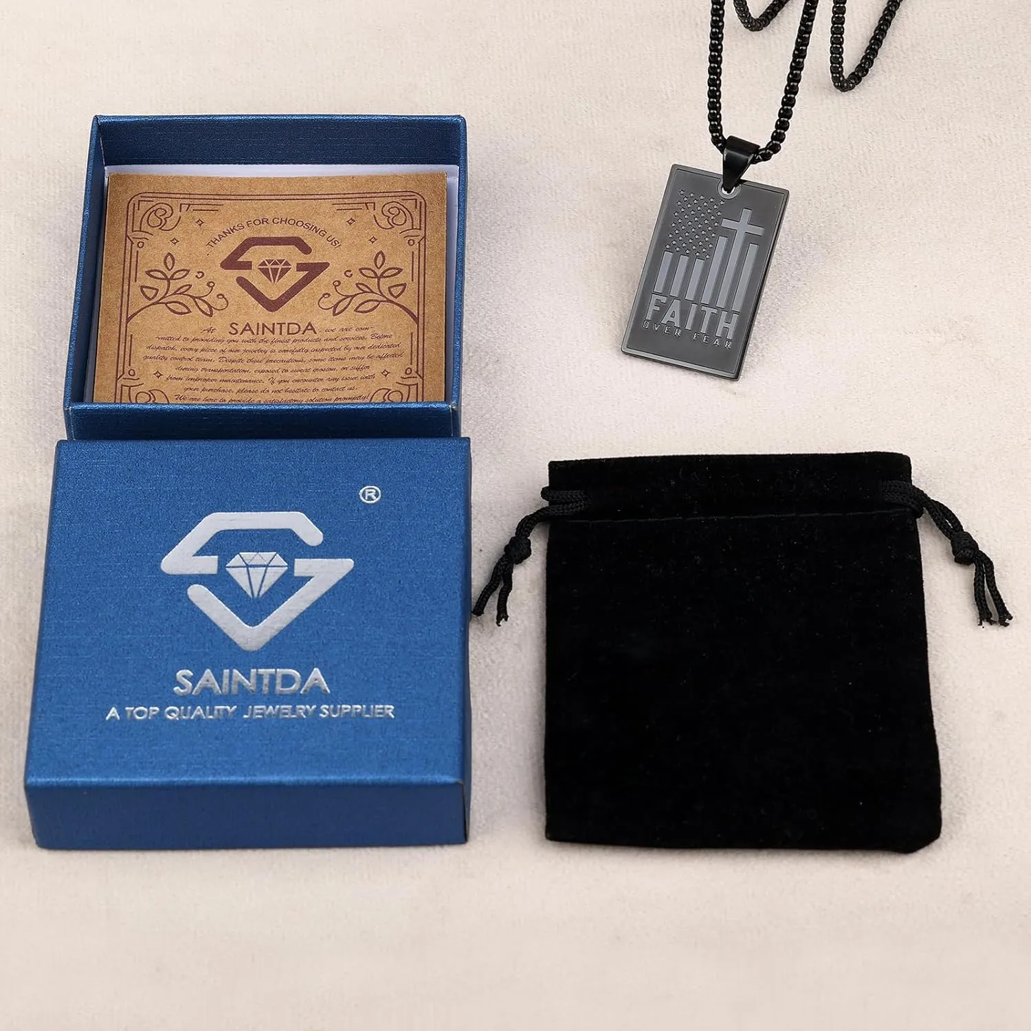 Saintda FAITH OVER FEAR Motto Tag Cross Necklace for Men USA Flag American Patriotic Stainless Steel Pendant Necklaces with 24inch Box Chain Bible Verse Christian Religious Jewelry Gift