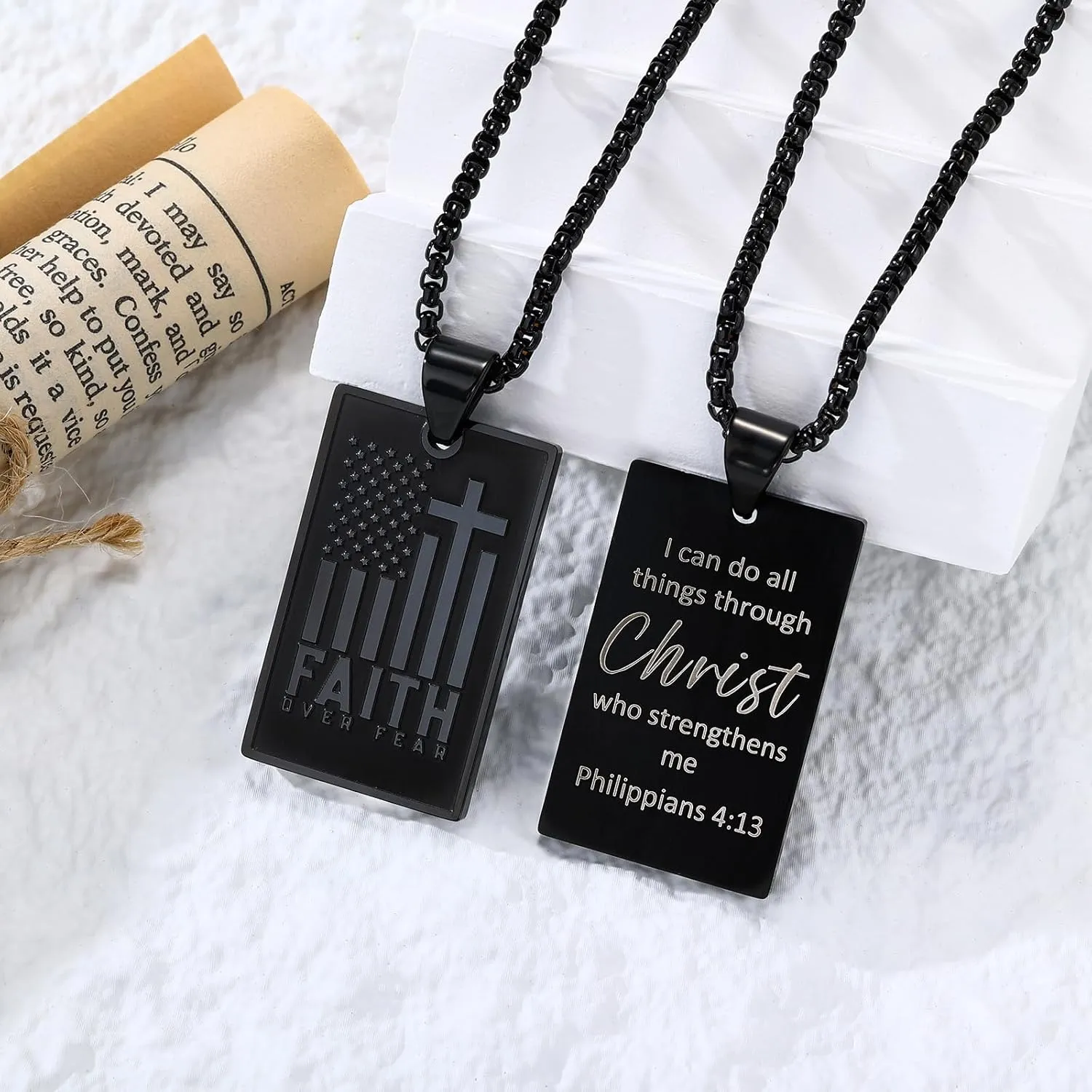 Saintda FAITH OVER FEAR Motto Tag Cross Necklace for Men USA Flag American Patriotic Stainless Steel Pendant Necklaces with 24inch Box Chain Bible Verse Christian Religious Jewelry Gift