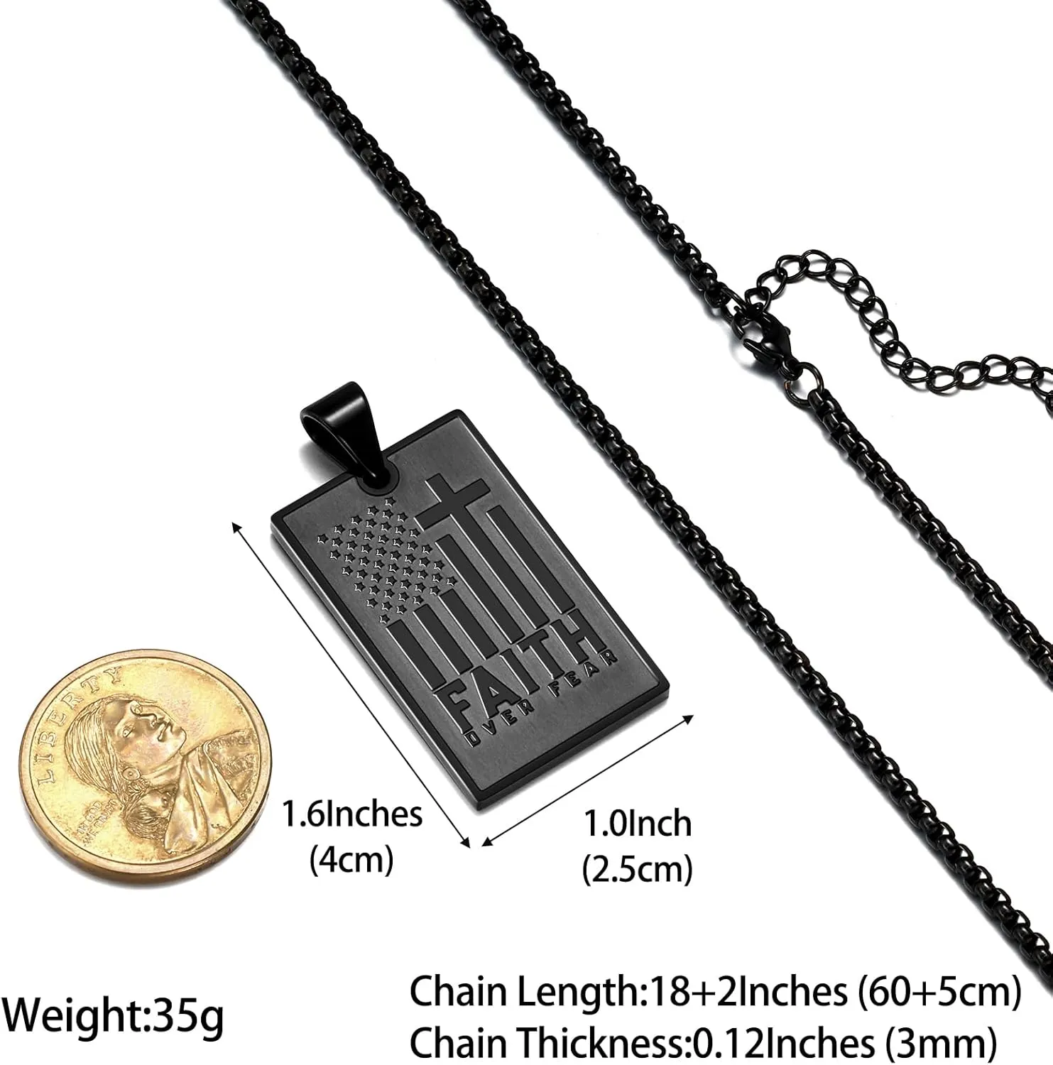 Saintda FAITH OVER FEAR Motto Tag Cross Necklace for Men USA Flag American Patriotic Stainless Steel Pendant Necklaces with 24inch Box Chain Bible Verse Christian Religious Jewelry Gift