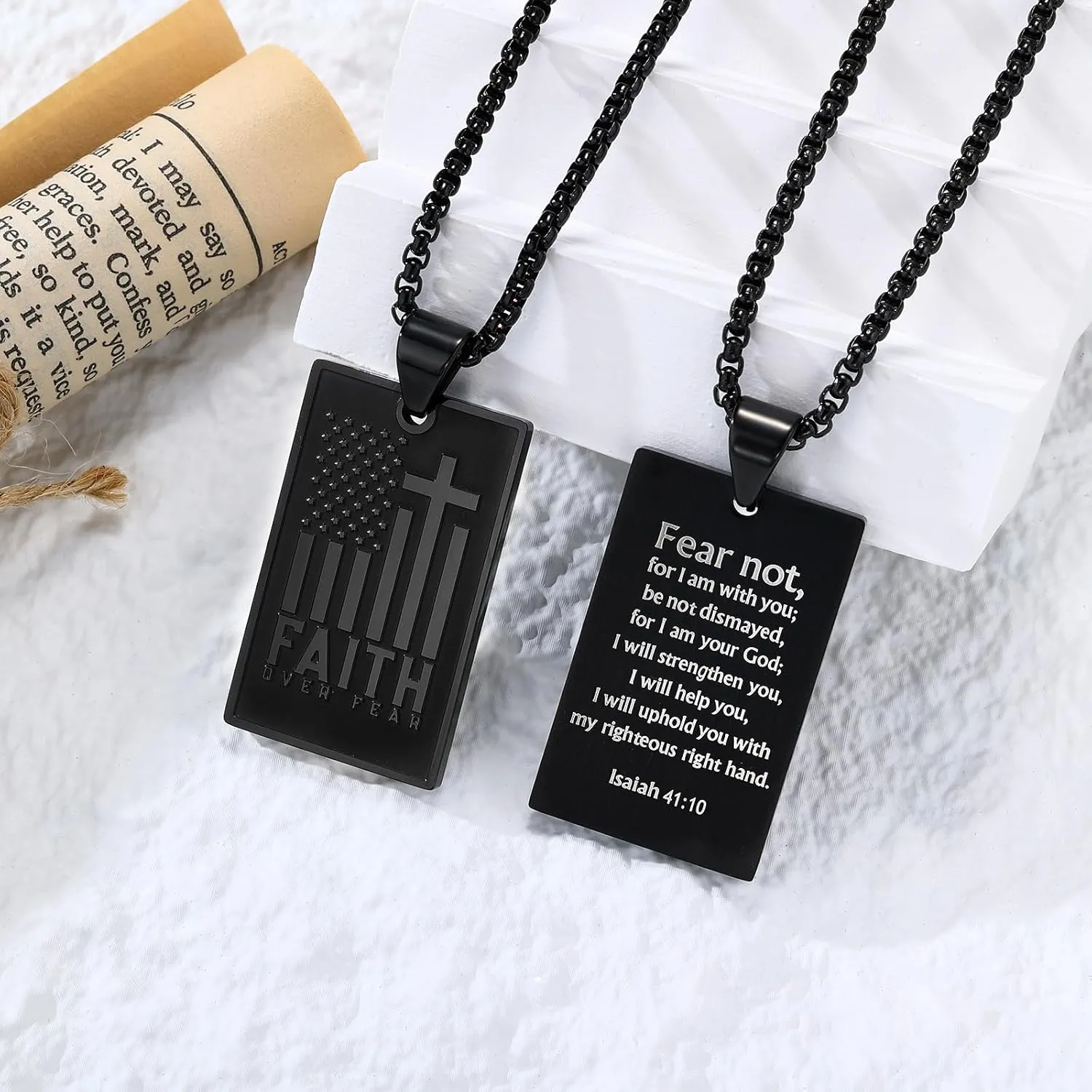 Saintda FAITH OVER FEAR Motto Tag Cross Necklace for Men USA Flag American Patriotic Stainless Steel Pendant Necklaces with 24inch Box Chain Bible Verse Christian Religious Jewelry Gift
